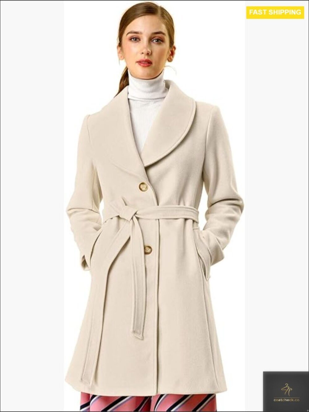 Classic Wool Pea Coat Elegant Shawl Collar Wrap Tie Belted Long Overcoat